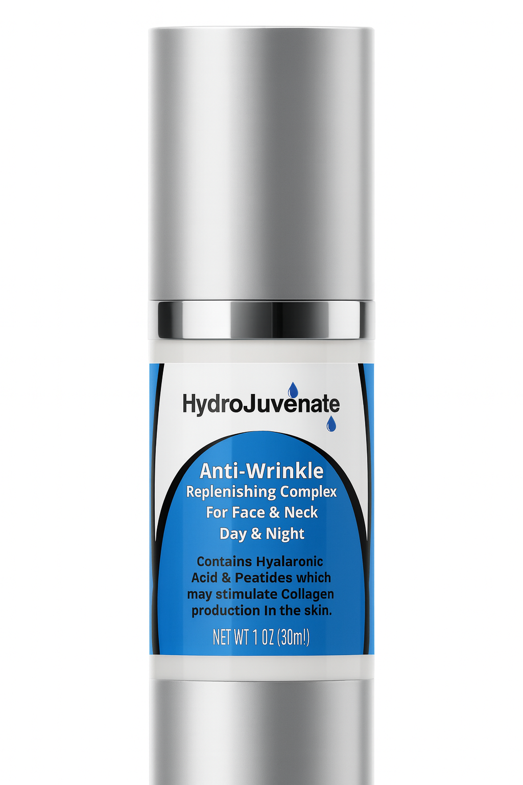 HydroJuvenate Anti-Wrinkle Hydrating Complex serum bottle – front label on white background