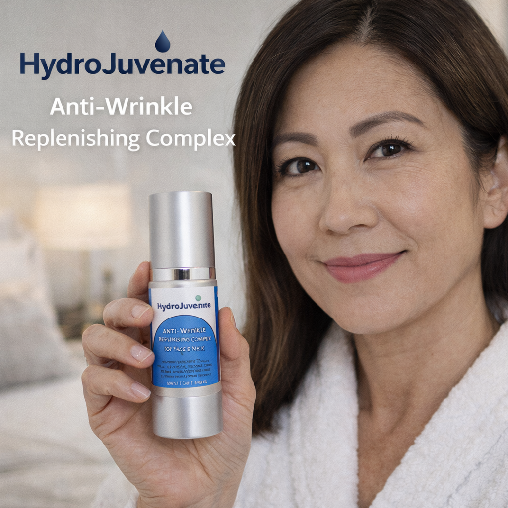 Woman holding HydroJuvenate Anti-Wrinkle Replenishing Complex bottle with brand name displayed.
